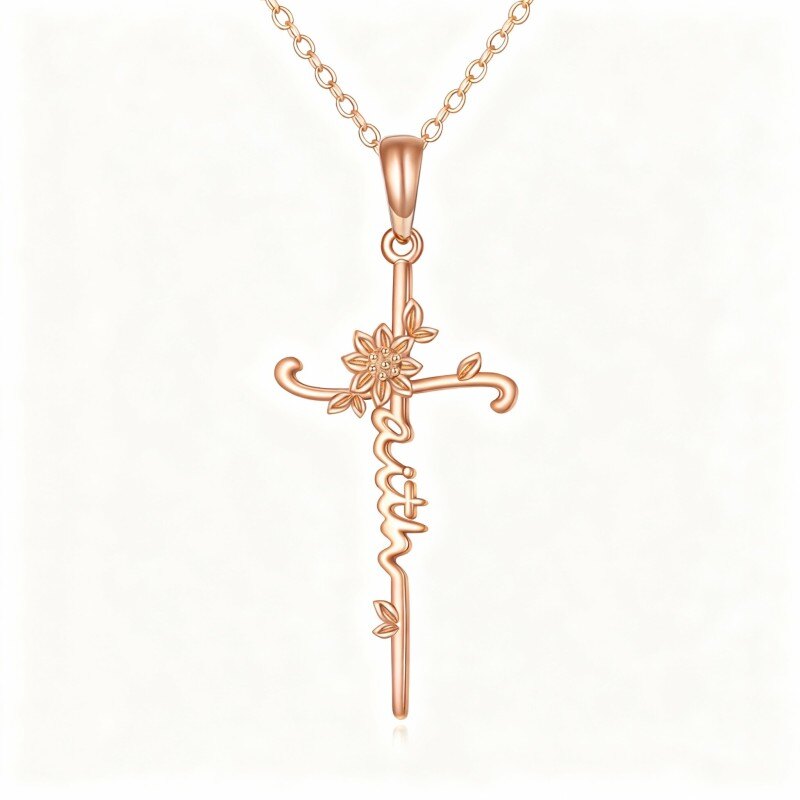 Naszyjnik z wisiorkiem w kształcie słonecznika i krzyża wykonany z 10-karatowego różowego złota z grawerowanym napisem-1