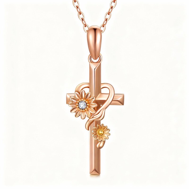 14K Rose Gold Cubic Zirconia Sunflower & Cross Pendant Necklace-1