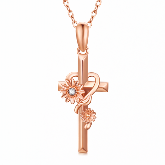 10K Rose Gold Cubic Zirconia Sunflower & Cross Pendant Necklace