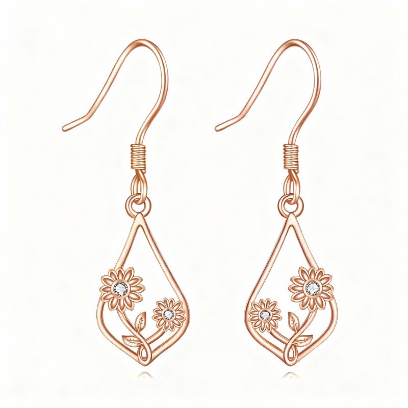 Boucles d'oreilles pendantes tournesol en or rose 14 carats et zircon cubique-1