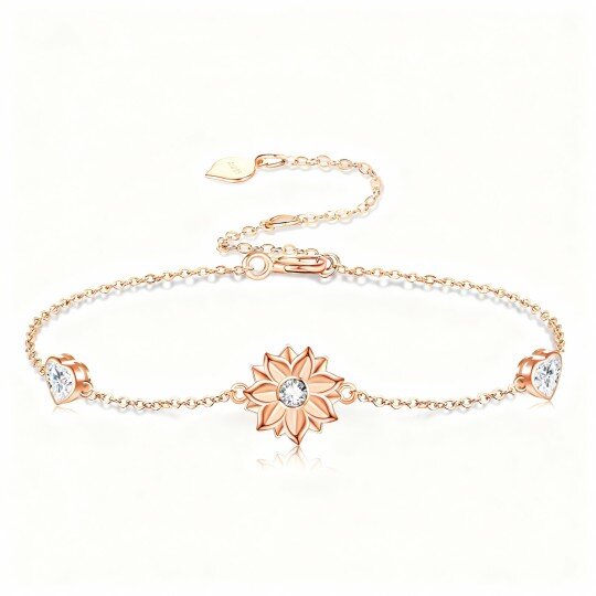 10K Rose Gold Cubic Zirconia Sunflower & Heart Charm Bracelet