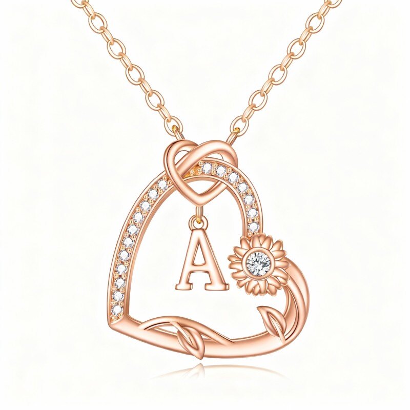 قلادة من الذهب الوردي عيار 18 قيراطًا مرصعة بزركونيا مكعبة على شكل دوار الشمس وقلب مع قلادة على شكل قلب مع الحرف الأول A-1