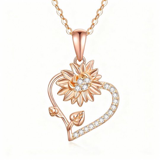 Halskette aus 10-karätigem Roségold mit Zirkonia-Anhänger in Sonnenblumen- und Herzform
