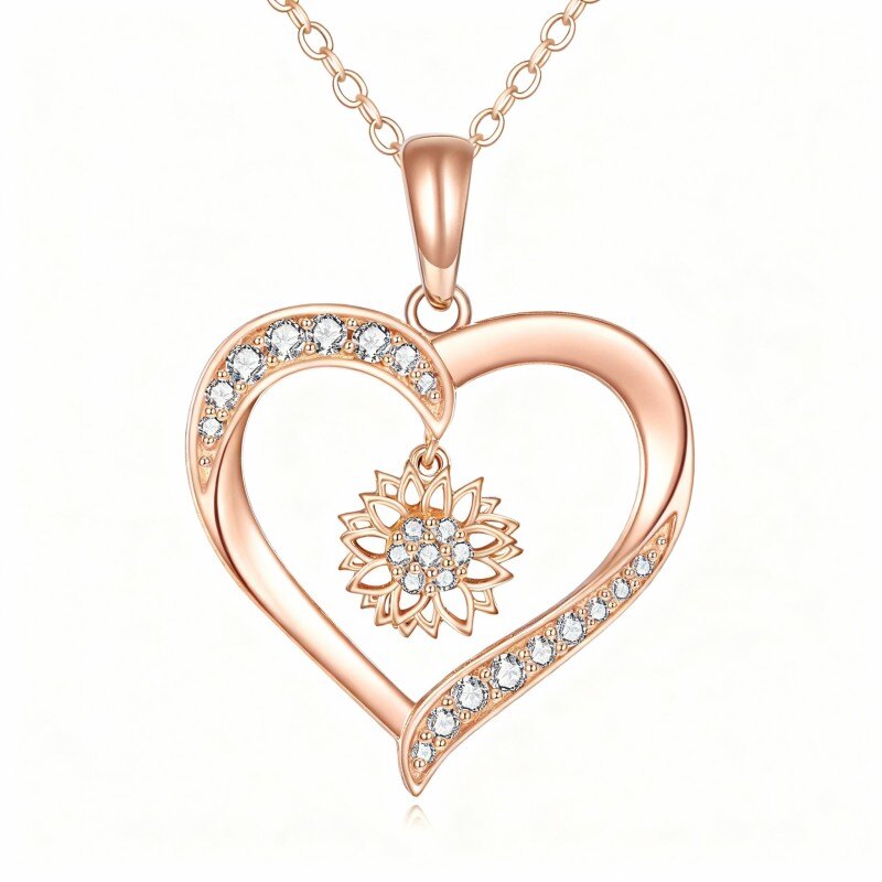 Collier pendentif tournesol et cœur en or rose 10 carats et zircon cubique-1