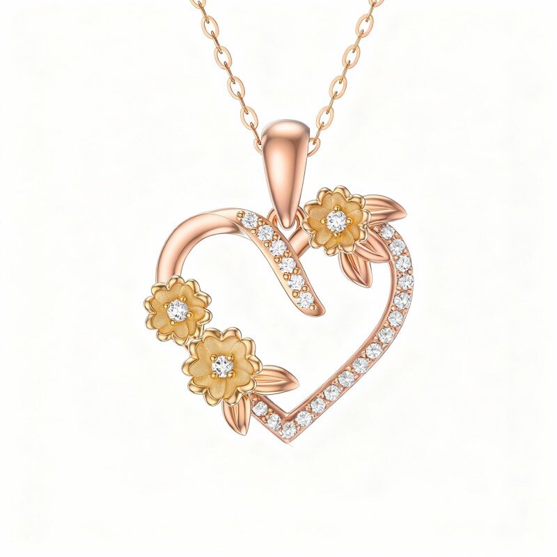 14K roségouden ketting met kubieke zirkonia, zonnebloem en harthanger-1