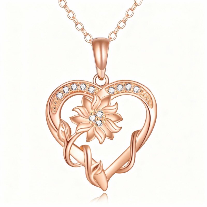 Colar com pendente girassol e coração em ouro rosa 14K com zircónias cúbicas-1
