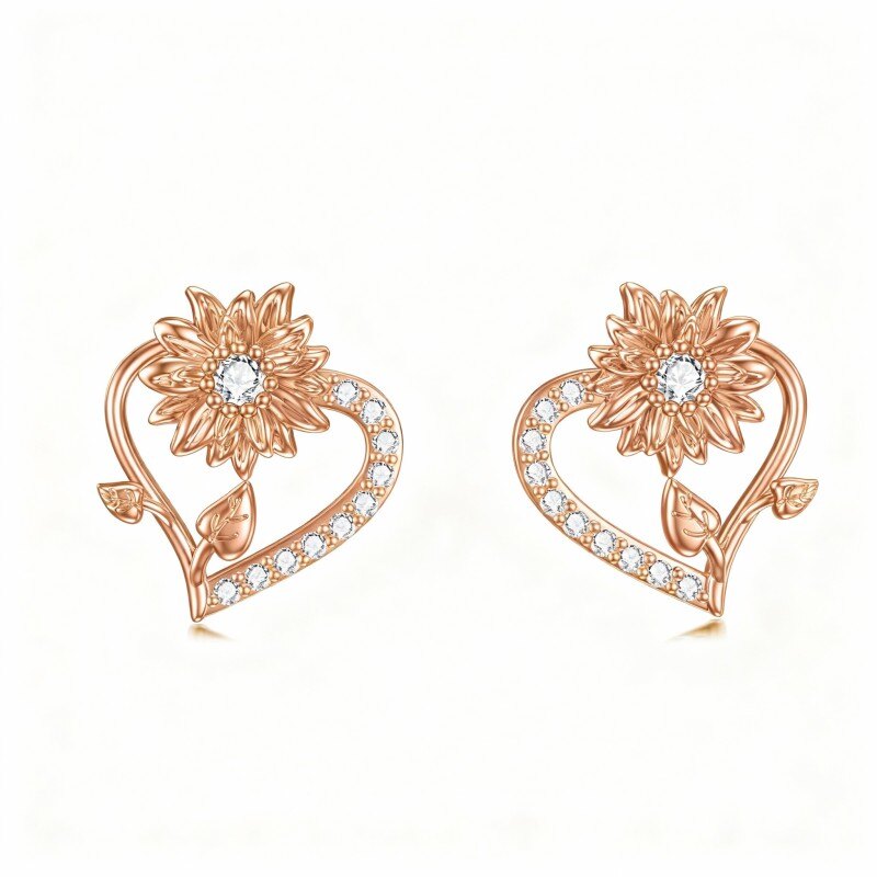 Kolczyki ze złota różowego 14K z cyrkoniami sześciennymi i słonecznikiem oraz sercem-1