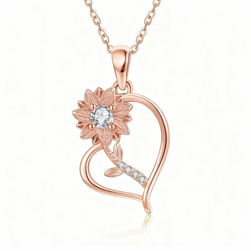 18K Rose Gold Cubic Zirconia Sunflower Pendant Necklace-1