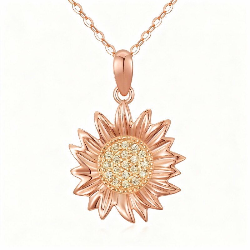 Halskette mit Sonnenblumenanhänger aus 10-karätigem Roségold mit Zirkonia-1