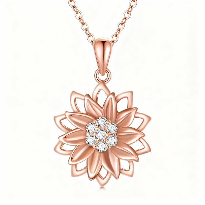 قلادة من الذهب الوردي عيار 18 قيراطًا مرصعة بالزركونيا المكعبة على شكل عباد الشمس-1