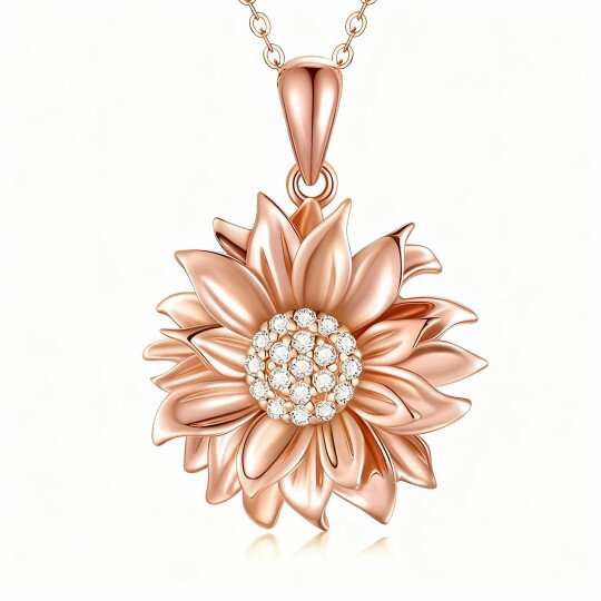 9K Rose Gold Cubic Zirconia Sunflower Pendant Necklace