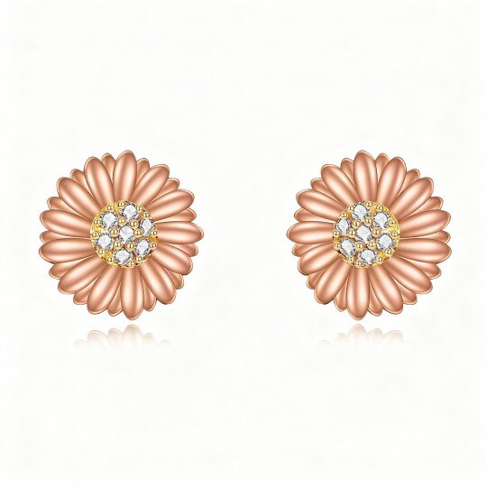 أقراط مرصعة بالزركونيا المكعبة على شكل دوار الشمس من الذهب الوردي عيار 10 قيراط