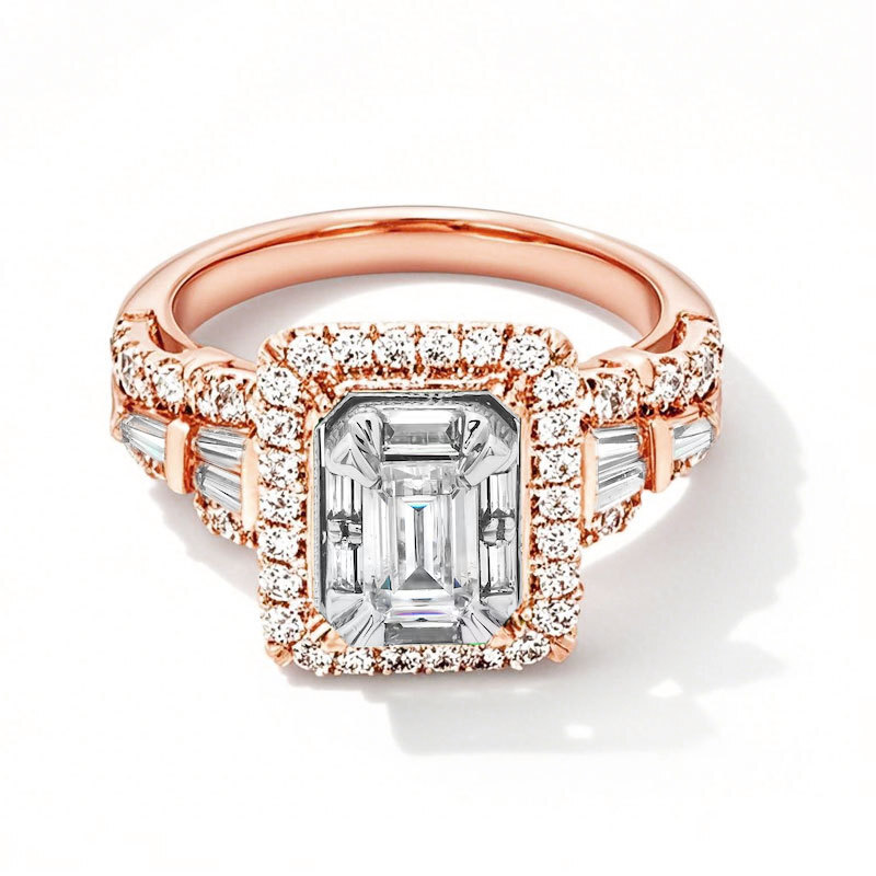 10 Karat Roségold, 1 bis 3,5 Karat, Smaragdschliff, im Labor hergestellter Diamant, geteilter Schaft, Brautset, D-VVS1, IGI-zertifiziert-1