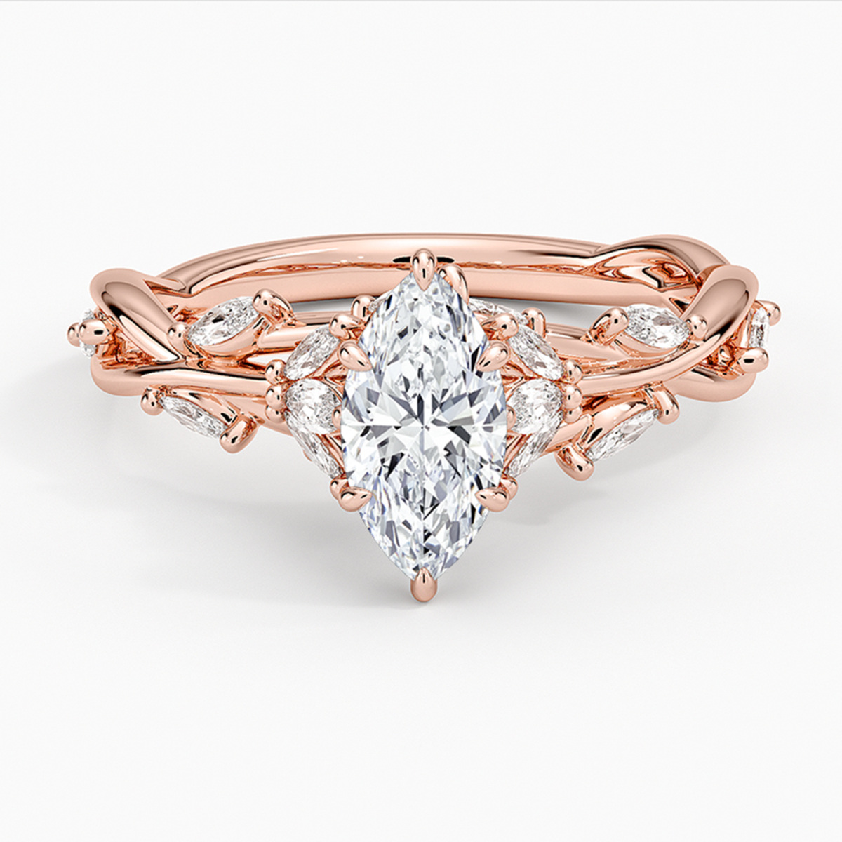 Anillo de compromiso en oro rosa de 14 quilates con hojas de diamantes de talla marquesa, de 1 a 3,5 quilates de peso total, creado en laboratorio, con certificación IGI.-1