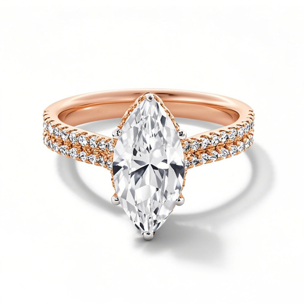 10K Rose Gold 1 to 3.5 CT.T.W. Marquise Lab Created Diamond Double Row Shank Engagement Band D VVS1-VS1 IGI Certified-1