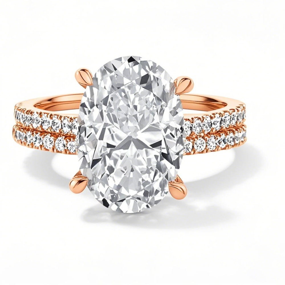 Aliança de noivado personalizada com diamantes criados em laboratório, oval, de 1 a 3,5 CT.T.W., em ouro rosa 10K, D-VVS1, com certificação 3EX IGI-1