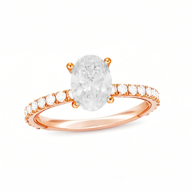 Anel de noivado personalizado em ouro rosa 10K com diamante oval criado em laboratório de 1 a 3,5 quilates (CT.T.W.), cor D, pureza VVS1 e certificado IGI 3EX.-1
