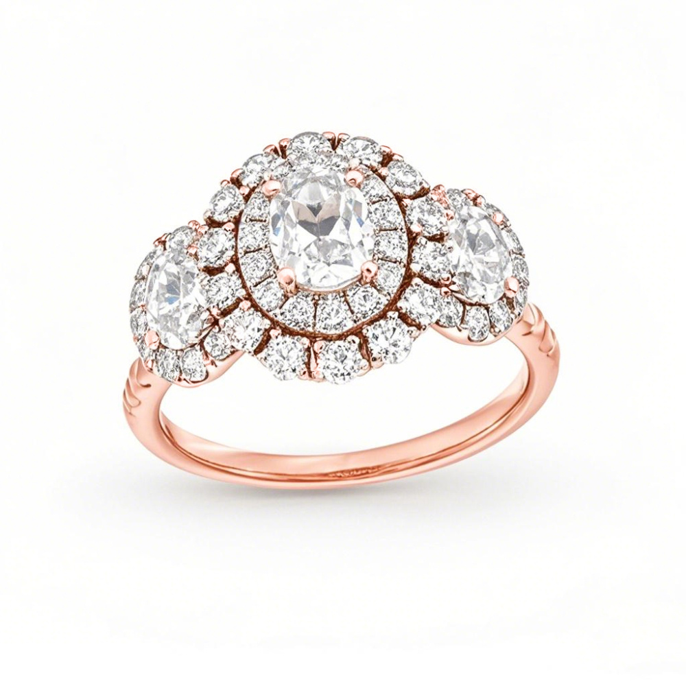 Anillo de compromiso de oro rosa de 10 quilates con diamantes redondos ovalados de doble marco, de 2 a 4,5 quilates de peso total, creado en laboratorio, D-VVS1 3EX, con certificación IGI-1