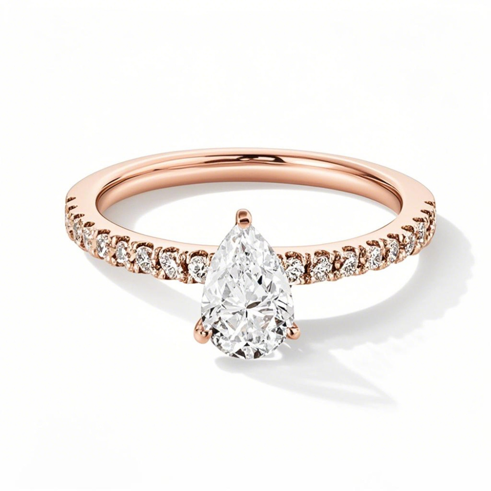 Anillo de compromiso personalizado de oro rosa de 10 quilates con diamantes de talla pera, creado en laboratorio, de 1 a 3,5 quilates de peso total, con certificación IGI 3EX.-1