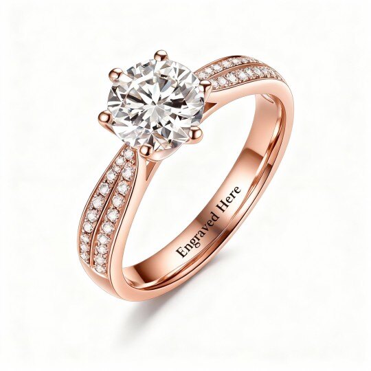 Anillo de compromiso de oro rosa de 10 quilates con diamante de talla redonda creado en laboratorio de 1 a 3,5 quilates, grabado personalizado, color D, claridad VS1-VVS1, certificado IGI 3EX. Incluye grabado personalizado.