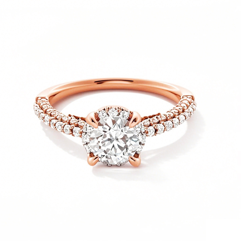 Anel de noivado personalizado com diamantes criados em laboratório, redondo, de ouro rosa 10K, 1 a 3,5 CT.T.W., D-VVS1 3EX, certificado pela IGI-1