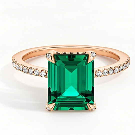 10K Rose Gold 2 to 7 CT Emerald Lab Created Diamond & Lab Created Emerald Engagement Ring D Color VVS1-VS1 Clarity 3EX