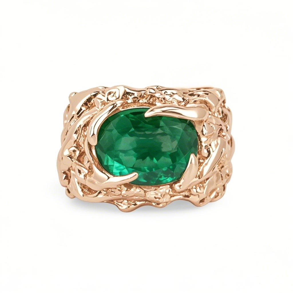 Anel Cabochão Pinky Unissex em Ouro Rosa 18K, 2 a 7 CT, Corte Oval, Esmeralda, Nugget, Escuro, Vívido, para Homens-1