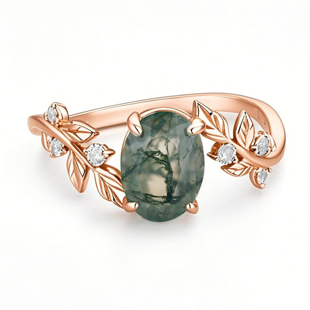 14K Rose Gold 1 to 5 CT Oval Cut Moss Agate Between the Leaf Engagement Band-1