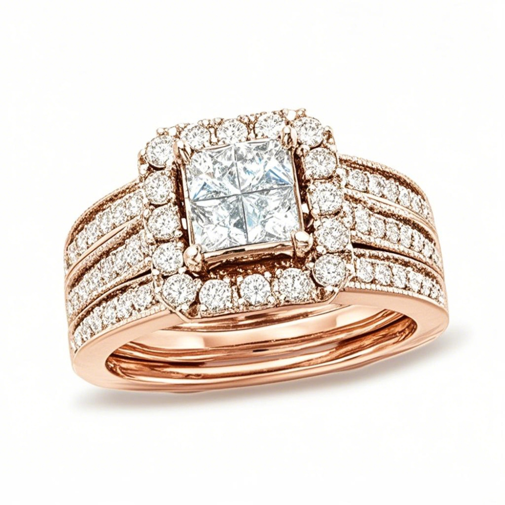 Conjunto de noiva de moissanite com corte princesa T.W. Ouro rosa 18K de 2 a 5,5 CT-1
