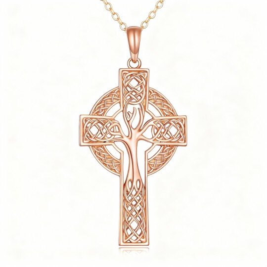 Halskette aus 10-karätigem Roségold mit Anhänger in Form eines Lebensbaums, eines keltischen Knotens und eines Kreuzes