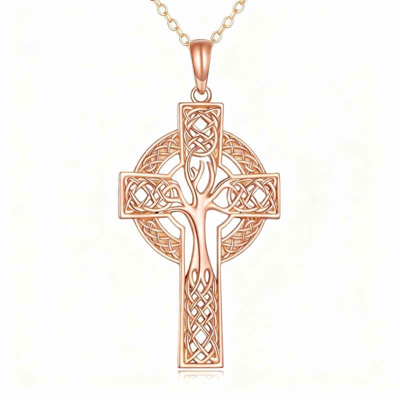 Collar con colgante de oro rosa de 14 quilates con árbol de la vida, nudo celta y cruz-1