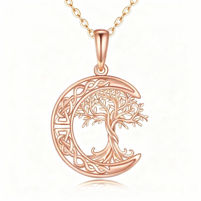 18K Rose Gold Tree Of Life & Celtic Knot & Moon Pendant Necklace-1