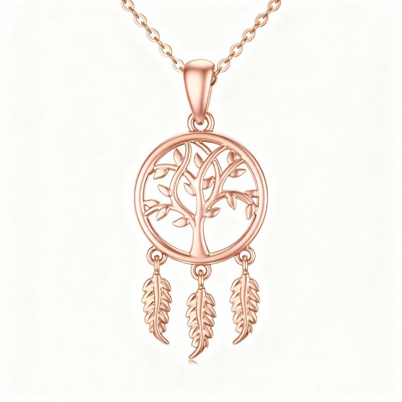 14K Rose Gold Tree Of Life & Dream Catcher Pendant Necklace-1
