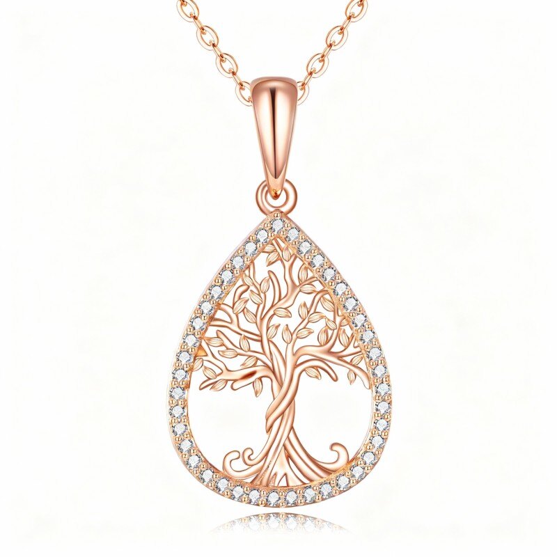 18K Rose Gold Cubic Zirconia Tree Of Life & Drop Shape Pendant Necklace-1