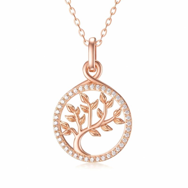 18K Rose Gold Cubic Zirconia Tree Of Life Pendant Necklace-1