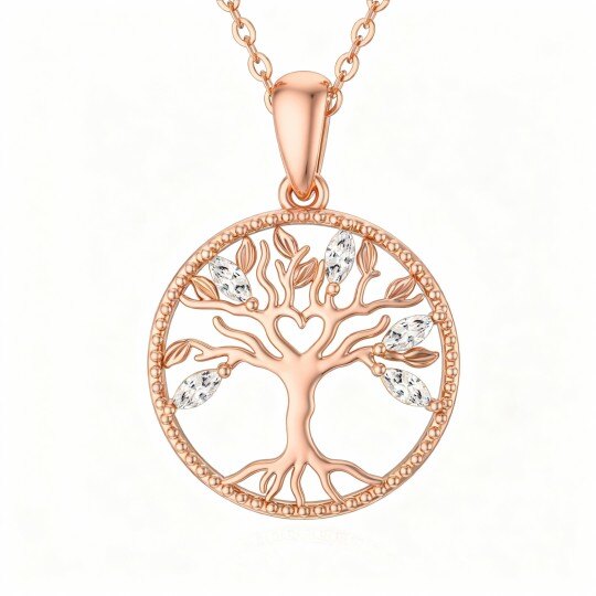 Collar con colgante del Árbol de la Vida en oro rosa de 10 quilates con circonitas cúbicas