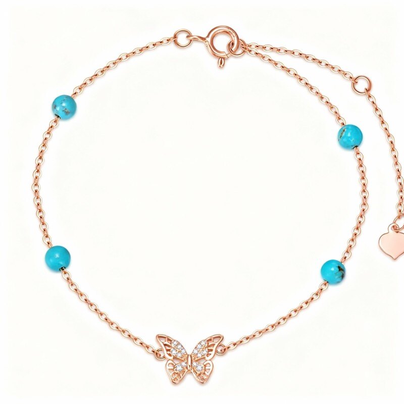 10K Rose Gold Turquoise Butterfly Charm Bracelet-1