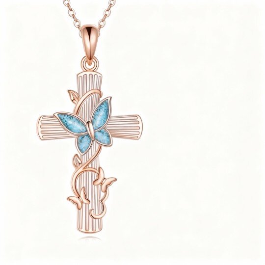 Colar com pendente de borboleta e cruz em turquesa, em ouro rosa 10K