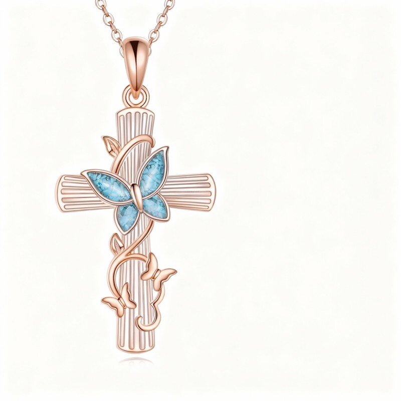 Collana con ciondolo a forma di farfalla e croce in turchese in oro rosa 14 carati-1