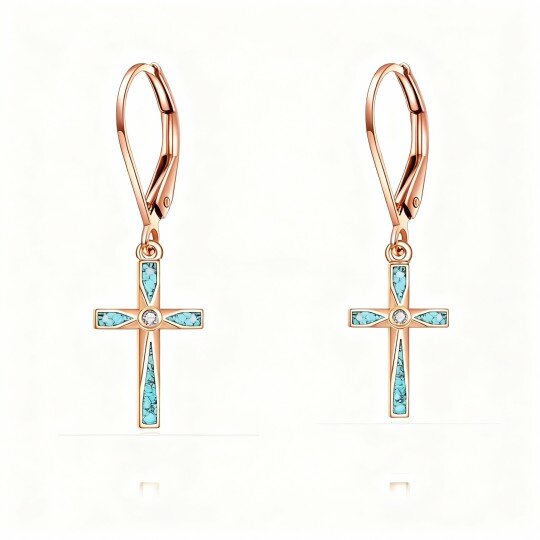 Orecchini pendenti a croce in turchese in oro rosa 10K