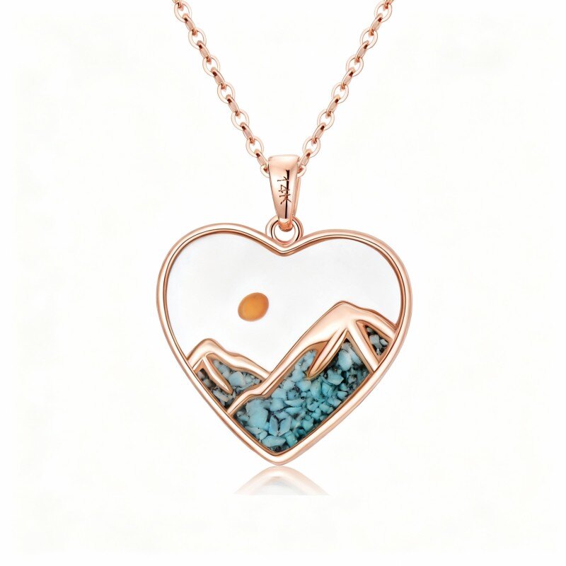 10K Rose Gold Turquoise Mountains & Sun Pendant Necklace-1