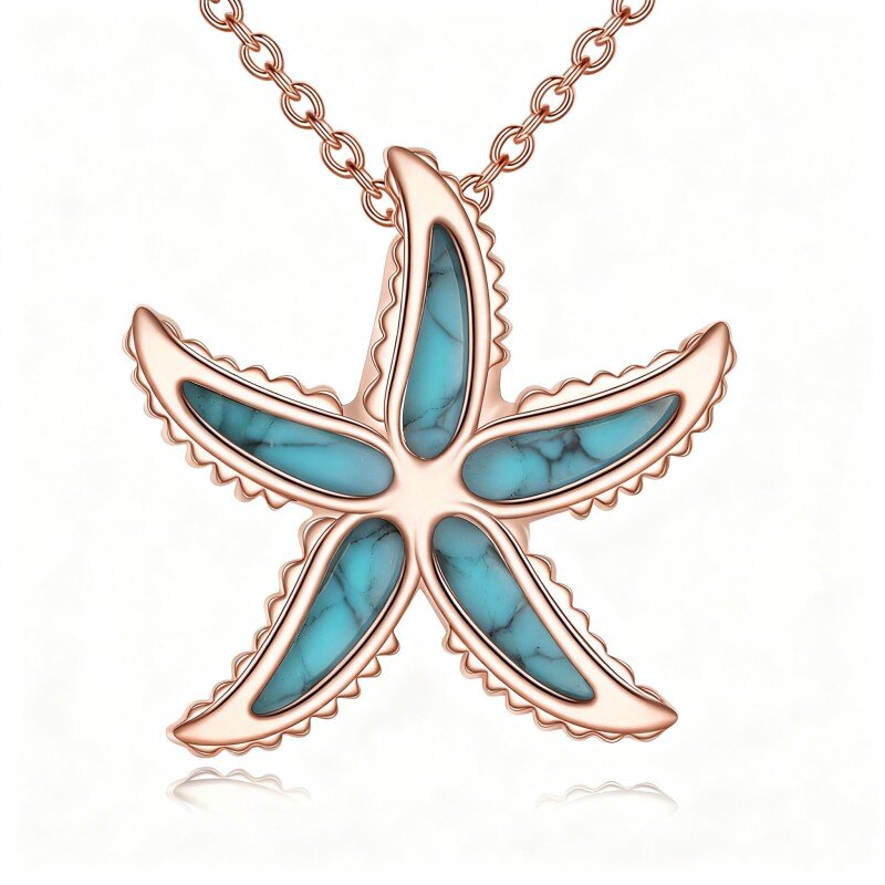 10K Rose Gold Turquoise Starfish Pendant Necklace-19