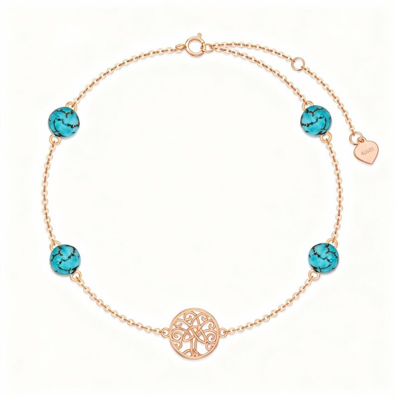 10Kローズゴールド ターコイズ ツリーオブライフ チャームブレスレット-1
