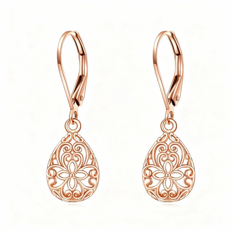 10K Rose Gold Wildflowers & Drop Shape Lever-back Earrings-1
