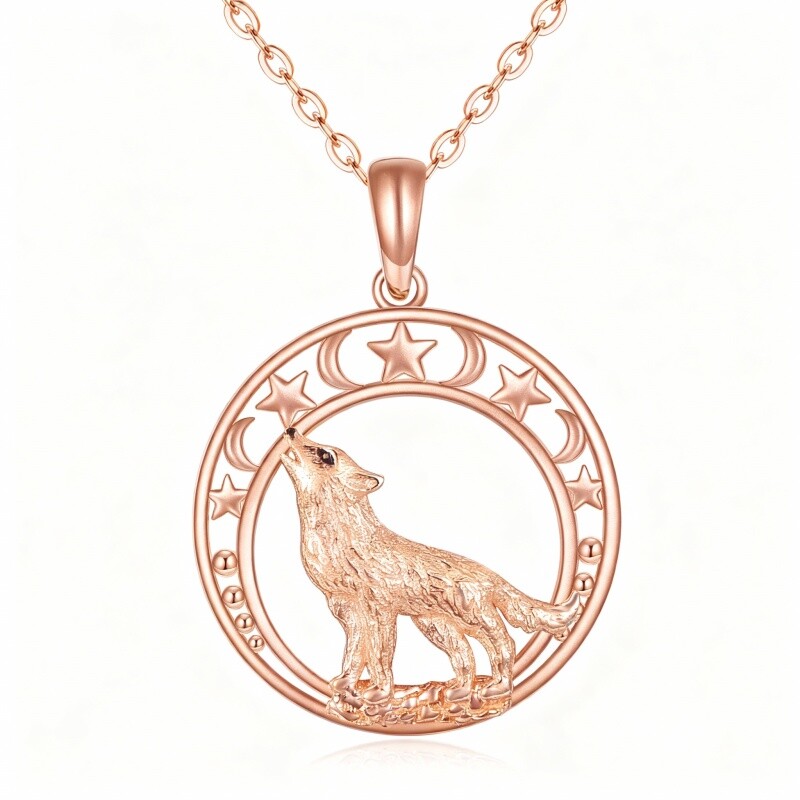 14K Rose Gold Wolf & Moon & Star Pendant Necklace-1