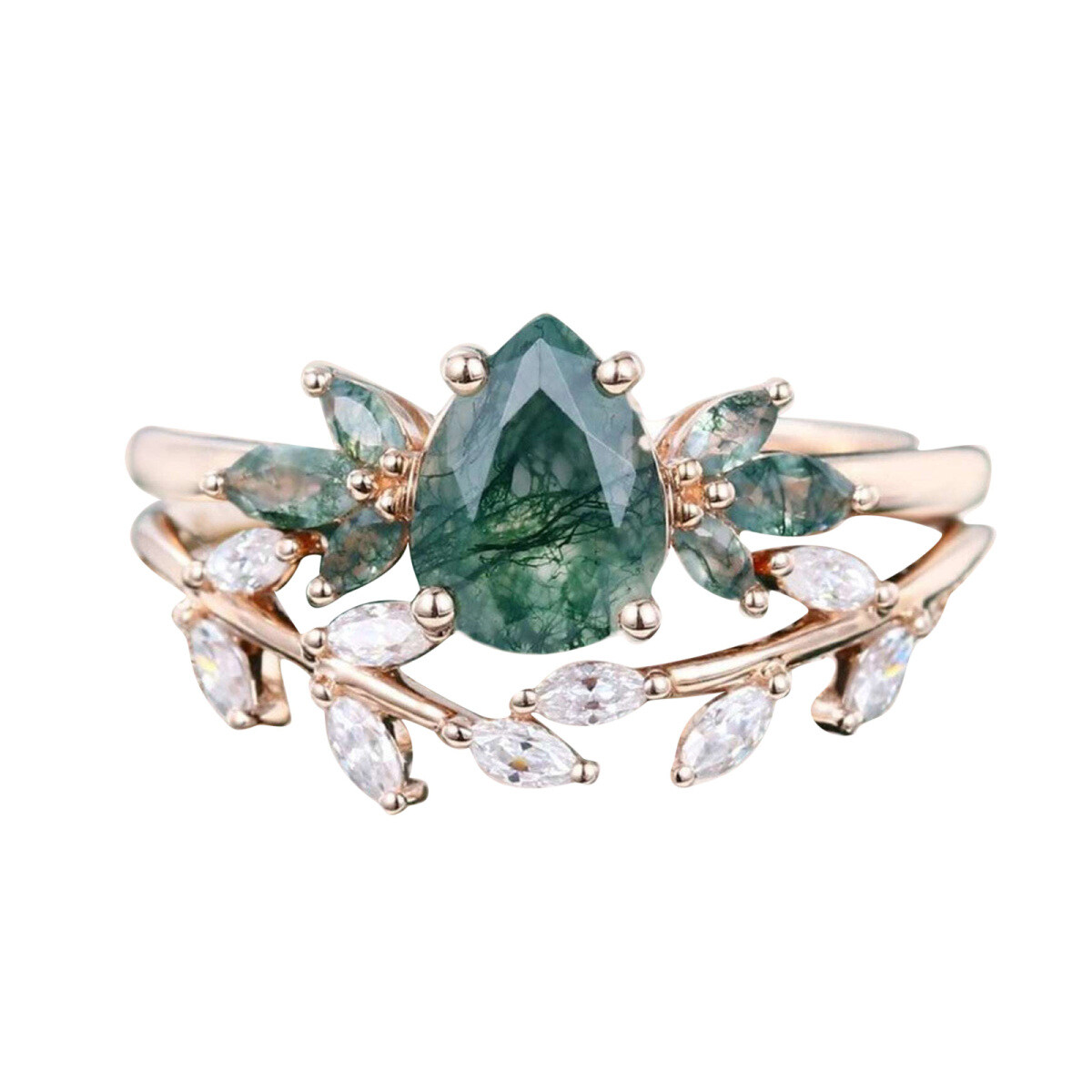 10K Rose Gold Pear Cut Leaves Moss Agate Bridal Set-1