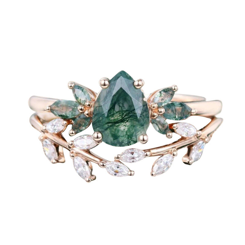 10K Rose Gold Pear Cut Leaves Moss Agate Bridal Set-1