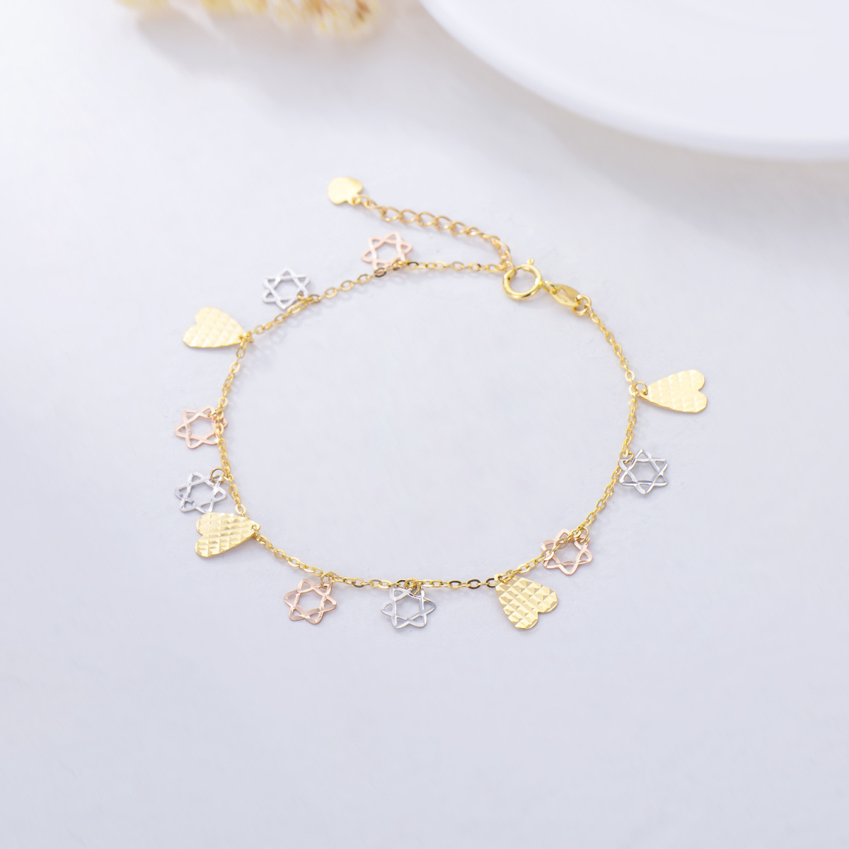 10K Silver & Gold & Rose Gold Heart Charm Bracelet For Women-2