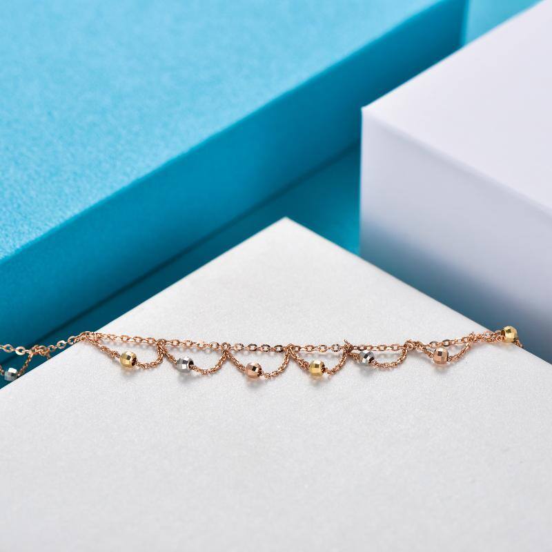 18K Silver & Gold & Rose Gold Sisters Single Chain Anklet-4