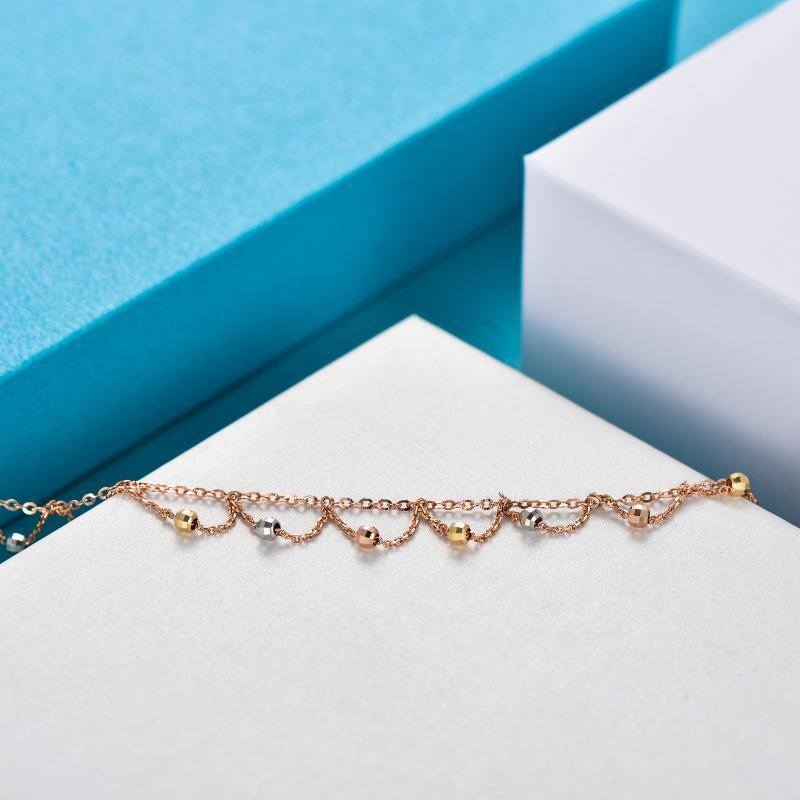 14K Silver & Gold & Rose Gold Sisters Single Chain Anklet For Women-4